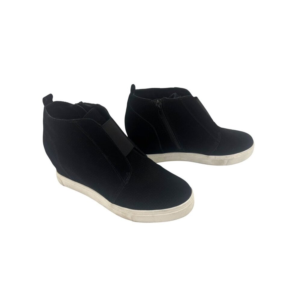 Sz 8.5 Steve Madden Wavery Black Suede Wedge Sneakers Shoes Bootie Zippers Ankle